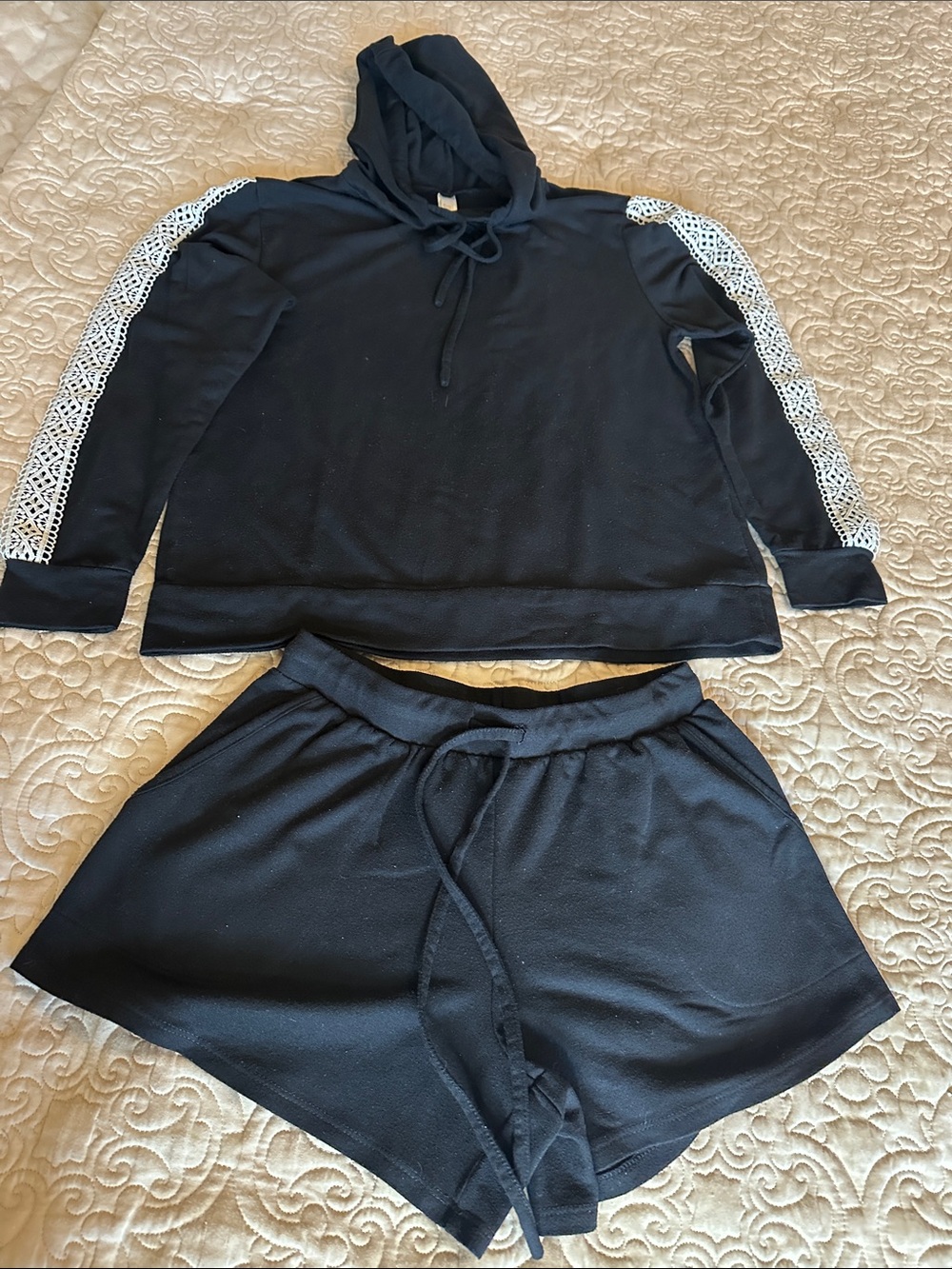 Women’s Black Hoodie & Shorts Pajama Set with Lace Detail